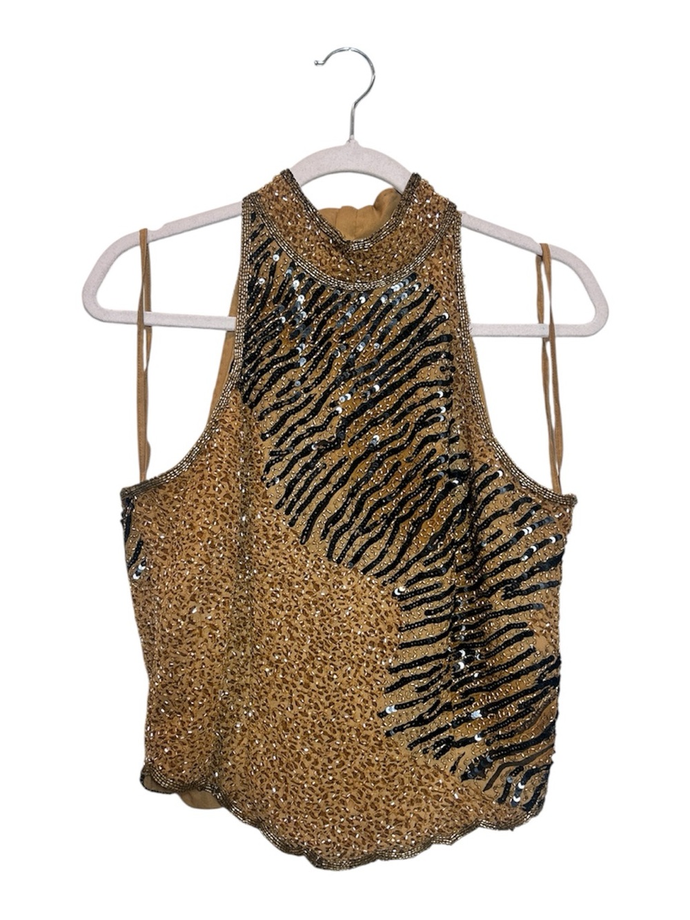 Vintage Embellished Halter Sequin Tank Top - Gold Tiger